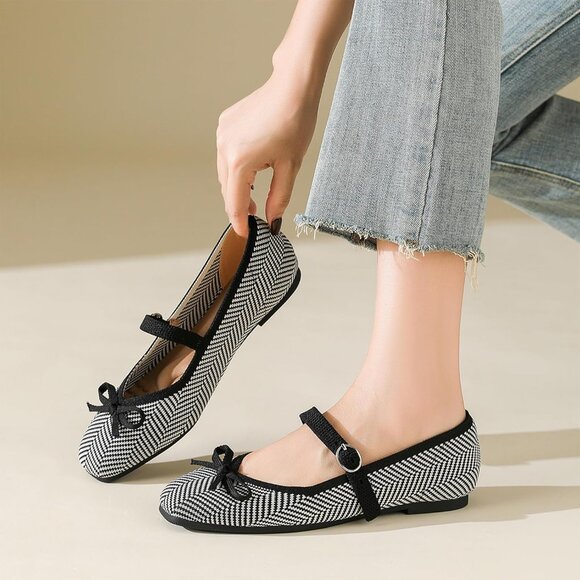 Women Black Striped Fabric upper and rubber sole Casual Flats with Ankle Strap - Picture 6 of 7